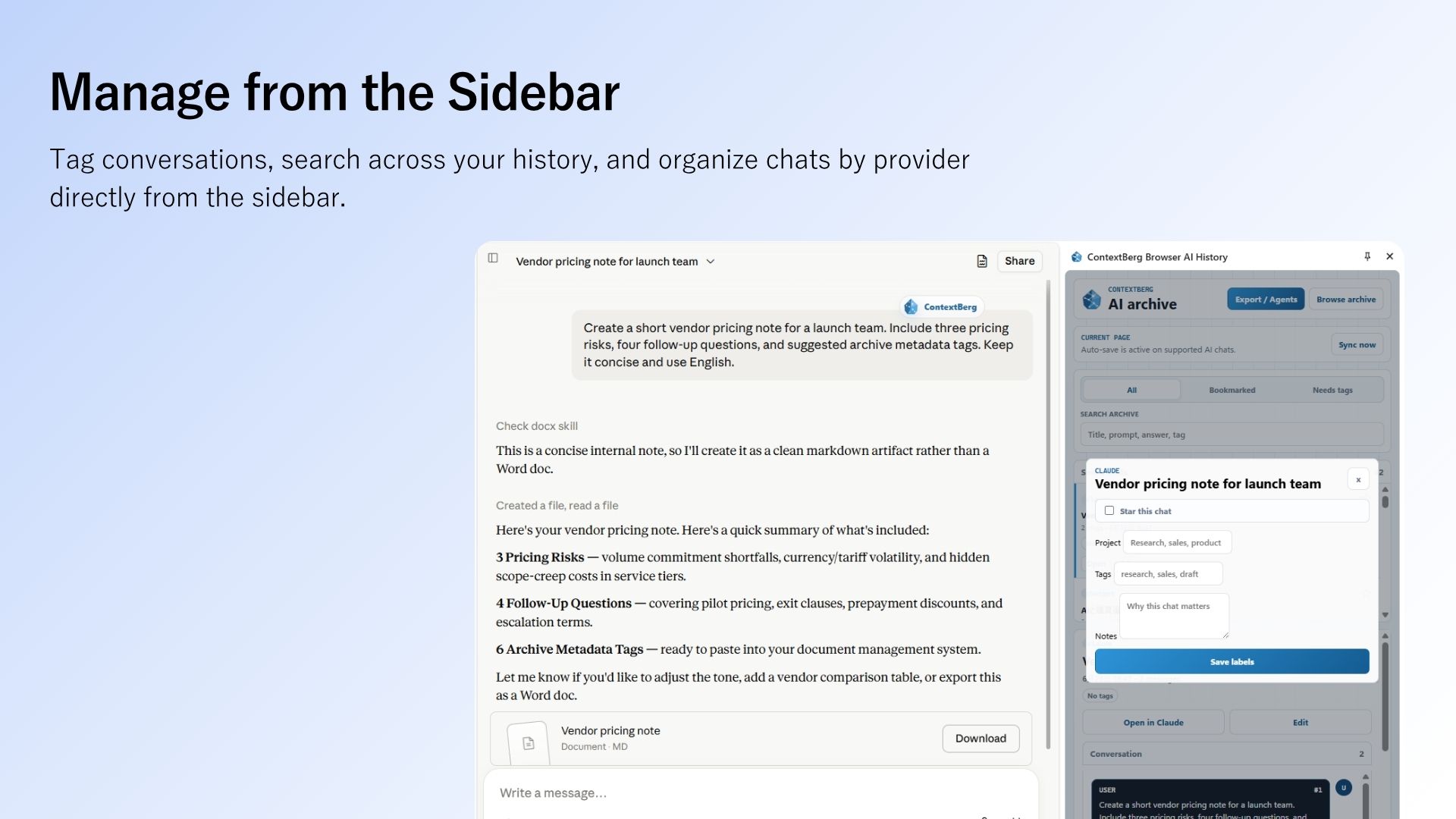 English Chrome sidebar for adding projects, tags, notes, and bookmarks to an AI conversation