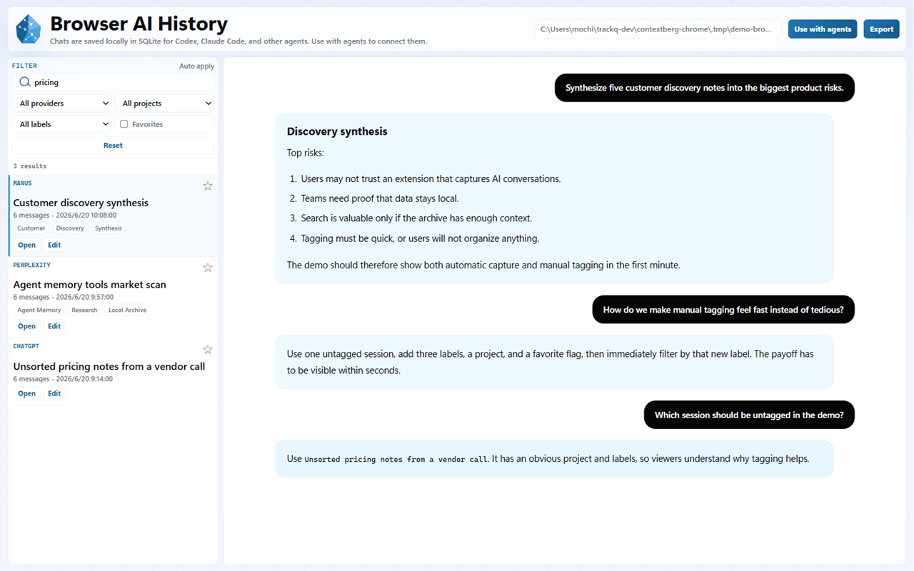ContextBerg archive search across saved browser AI conversations