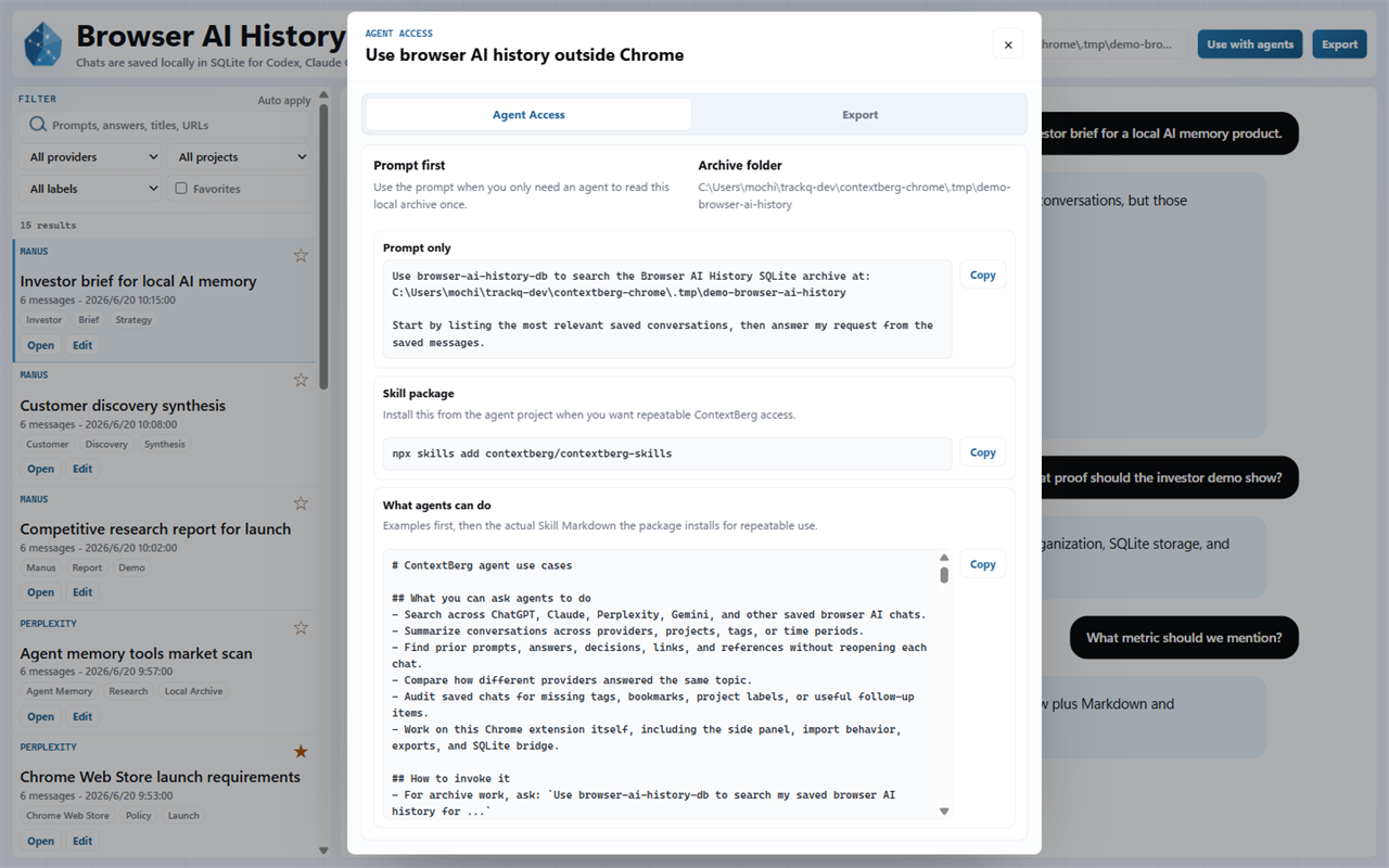 ContextBerg export and agent access modal