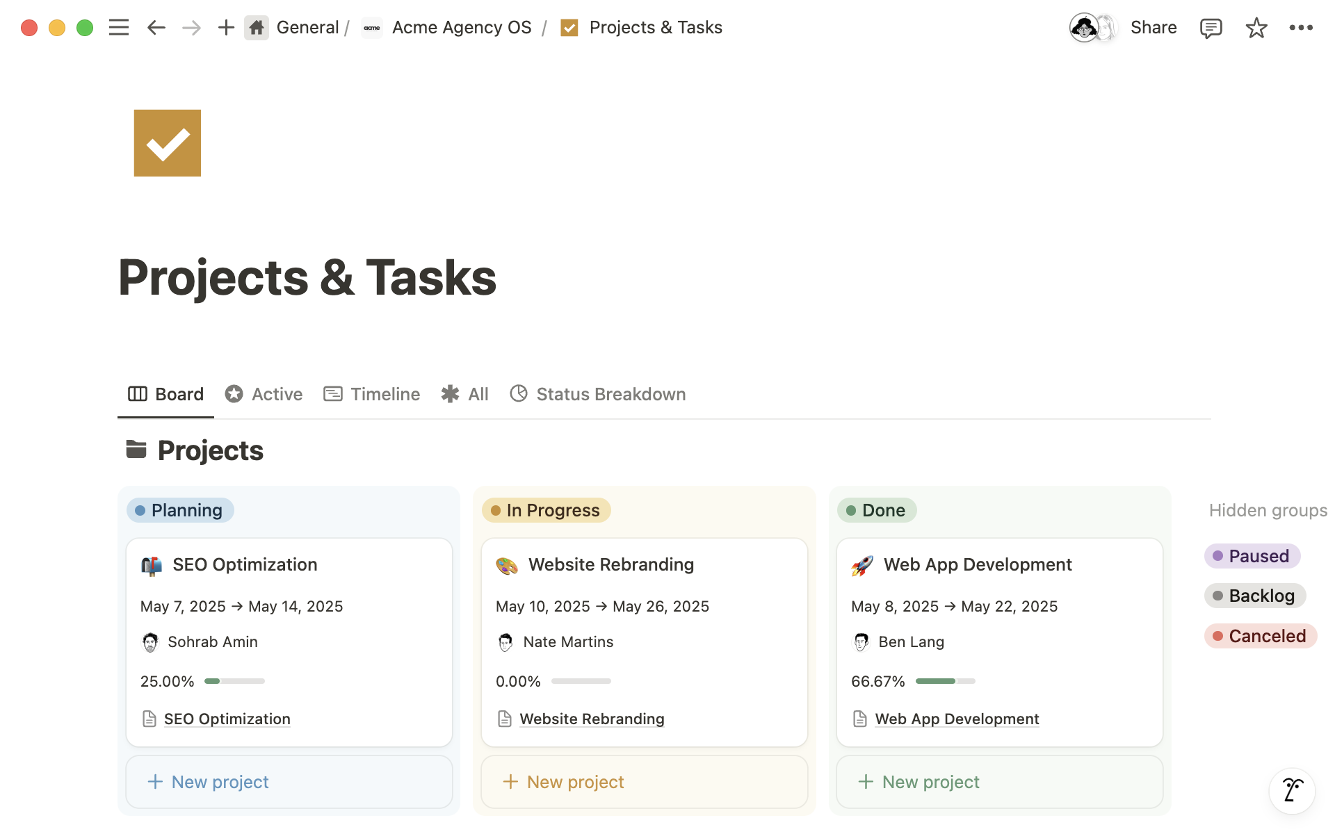Demo capture: Projects & Tasks — Notion