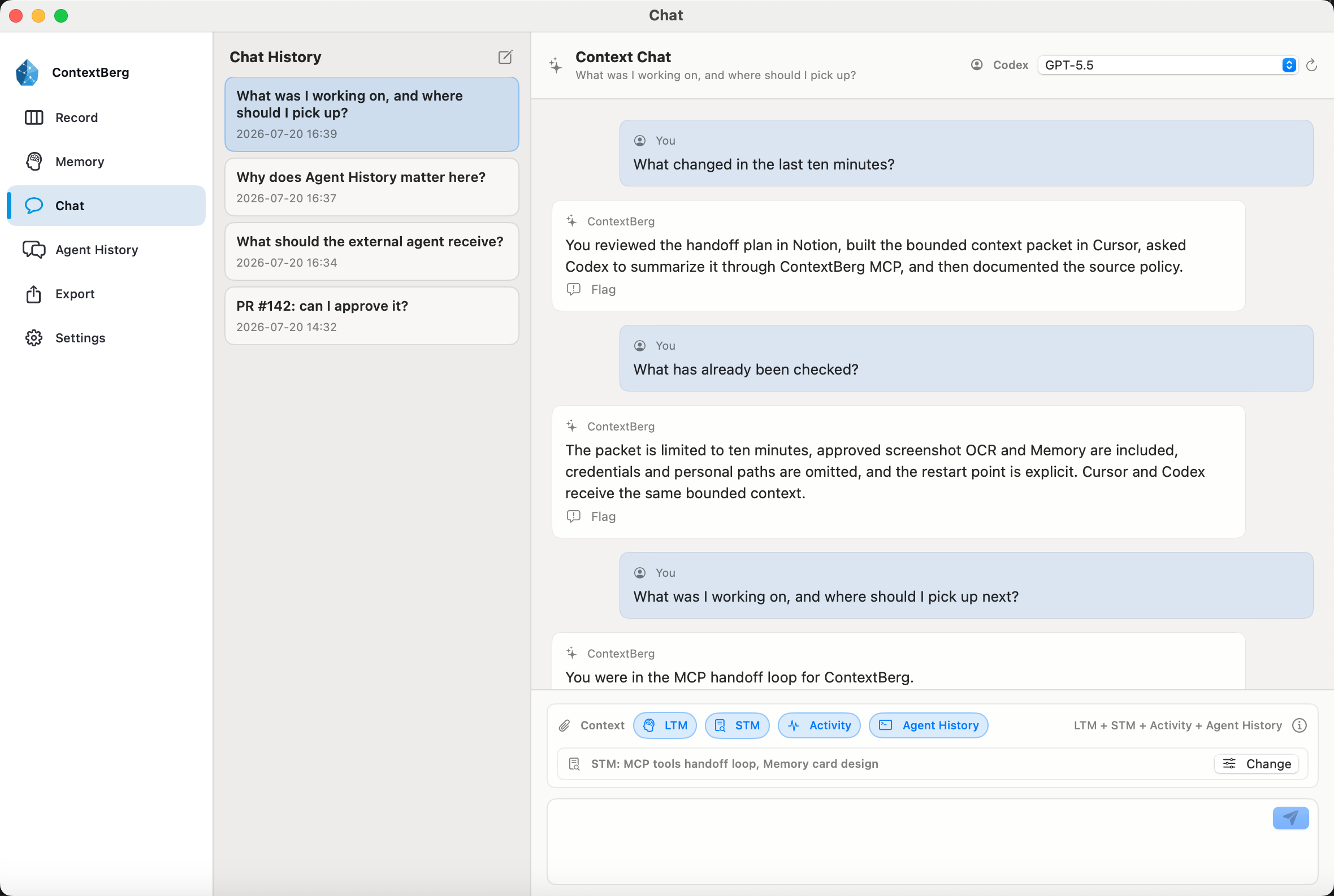 ContextBerg Chat showing a conversation about recent work and the context sources selected